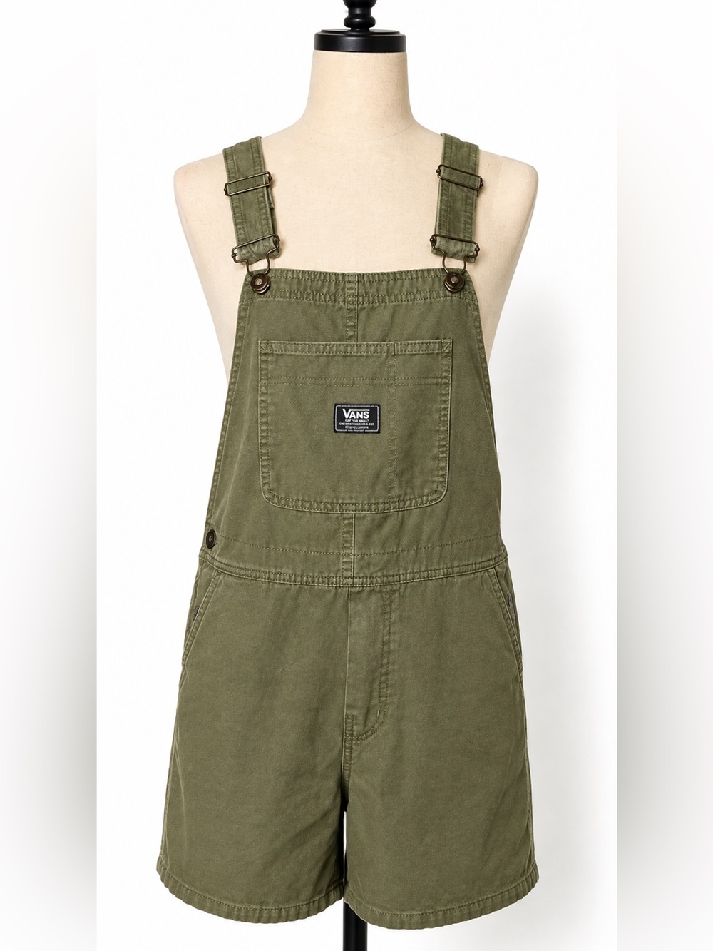 Vans army / olive green canvas shortalls overalls/shorts. Button straps. M
